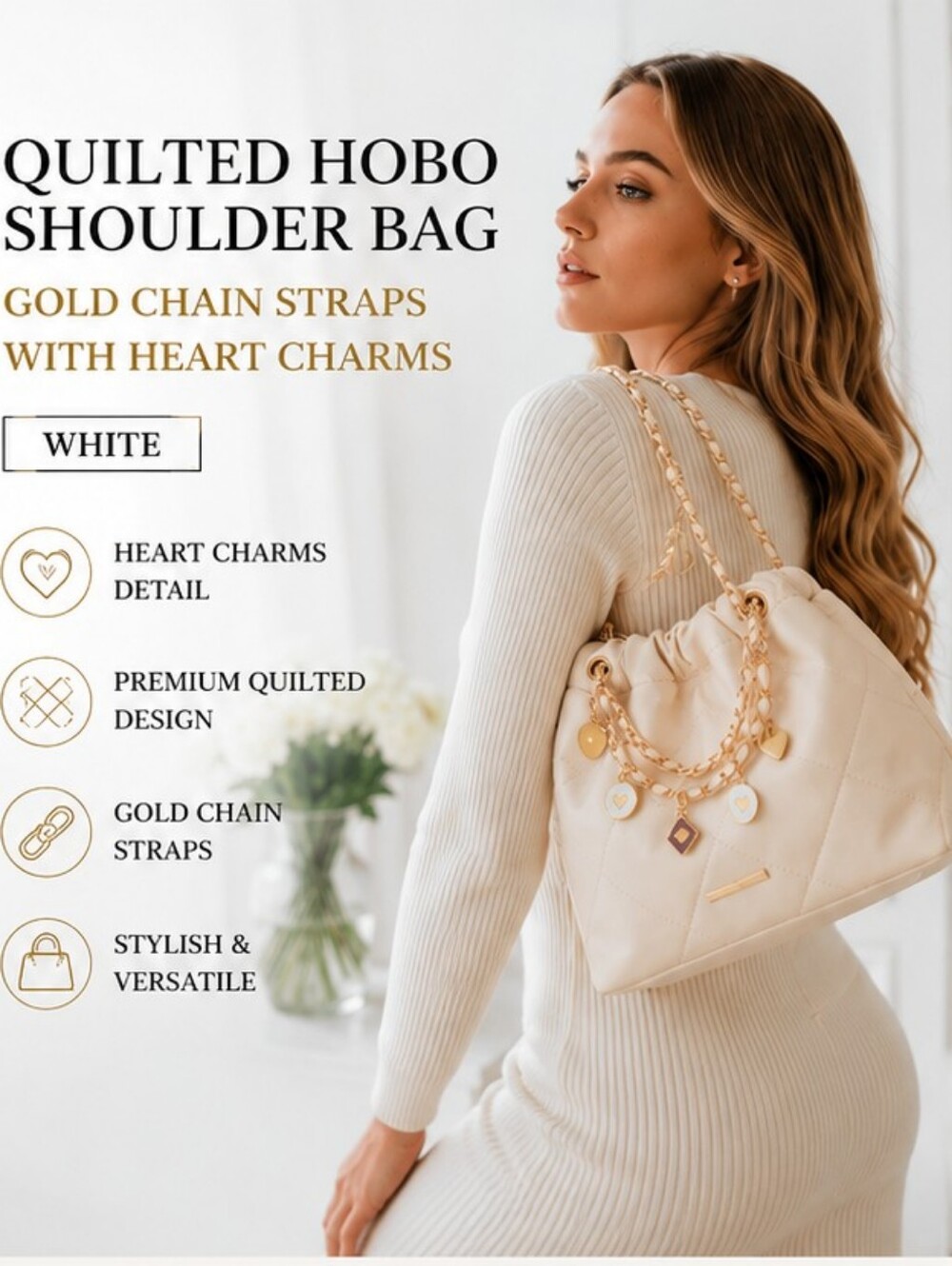 ✨ Brand New Quilted Hobo Shoulder Bag with beautiful gold chain straps and charm